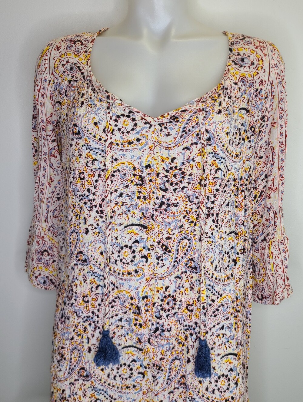 Billabong Paisley Print Tassel Tunic Top Shift Dress White Rayon XS Small - Picture 5 of 15